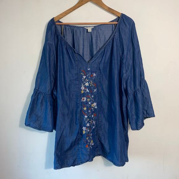 Blue‎ Chambray Embroidered Prairie Top 22/24W Bell Sleeves Boho Fall Cottagecore - Picture 1 of 6